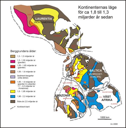 Rekonstruktion av Baltica, Amazonia, Västafrika och delar av Laurentia (Nordamerika) för mellan 1800 och 1300 miljoner år sedan.