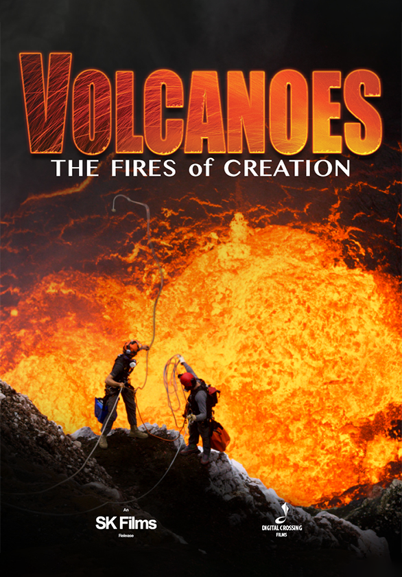 Affisch till filmen Volcanoes med två personer framför en flyta lavamassa.