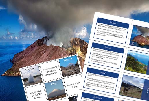 I bakgrunden en vulkanö. I förgrunden bilder på faktakorten och memoryspelet om vulkaner och vulkanism.