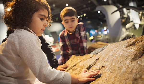 Children who discover a footprint in the exhibition Fossils and Evolution.