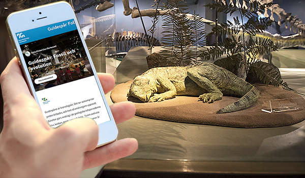 En mobiltelefon i utställningen Fossil och Evolution