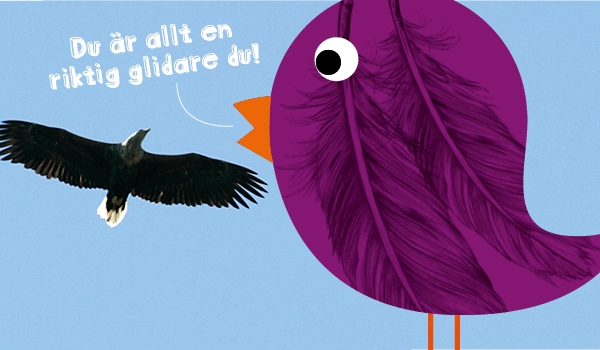 Teckning av fågel som tittar på en örn med texten "Du är allt en riktig glidare du!"
