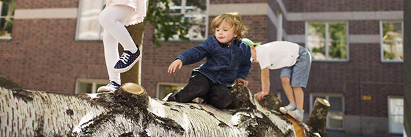 Children playing on a log.