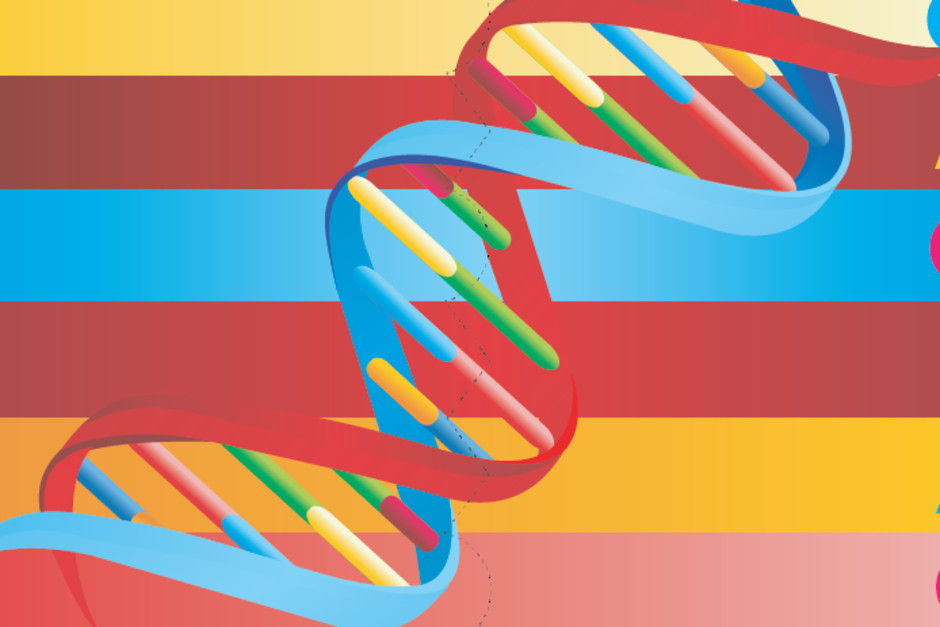 Färglad illustration av en DNA-spiral och bokstäverna ACT i olika kombinationer.