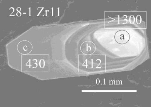 Zirkonlristall med olika åldrar sedd i elektronmikroskop (CL)