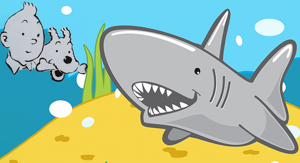 En tecknad skrattande haj tillsammans med Tintin. Foto: 