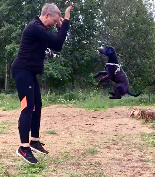 En kvinna hoppar till vänster på en gräsmatta, till höger hoppar en liten svart hund högt upp.