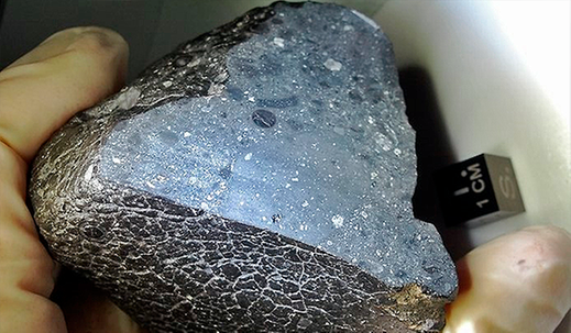 Hand med handskar som håller i meteoriten "Black Beauty".  Foto NASA.